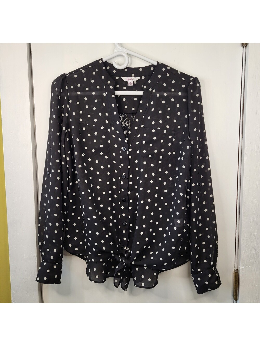 Candie's Black Polka Dot Tie-Front Blouse semi-sheer chiffon body women's Medium